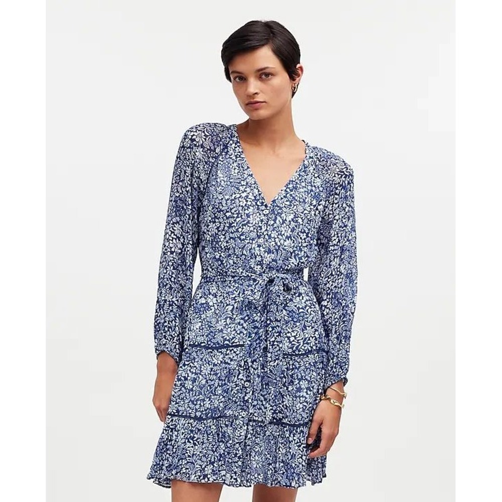 Madewell Tie-Waist Tiered Mini Dress In Floral Blue White Long Sleeve Size 00